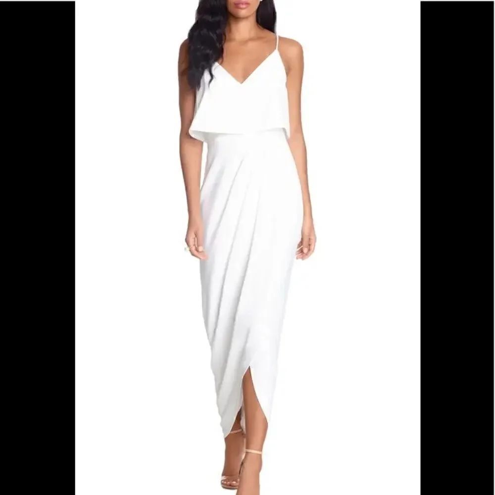 XSCAPE Scuba Crepe Popover Faux Wrap Gown In Ivory size 4 NWOT